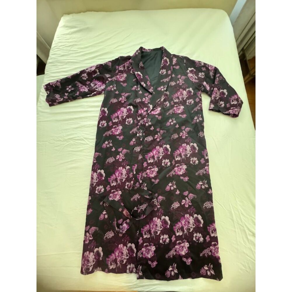Floral Satin Robe - Black with Purple Floral